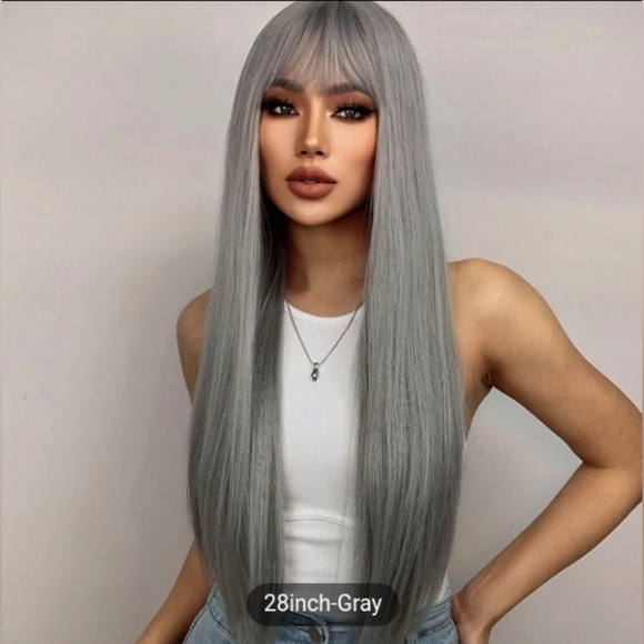 NWOT 28 inch Long Gray Wig with Bangs,Straight Gray Wigs for Women - Picture 1 of 1